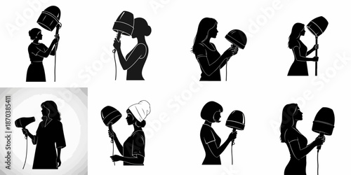 Black Silhouette Set of Women Using Salon and Handheld Hair Dryers for Styling and Drying, Representing Beauty and Hairdressing Icons.