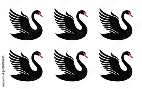 Set of black swan silhouettes with spread wings