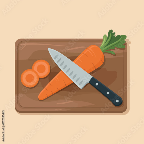 Fresh carrot sliced on cutting board with knife