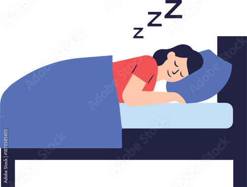 A woman in a red shirt sleeping soundly in a bed with blue blankets, accompanied by "zzz" symbols. It signifies healthy sleep habits and recovery.
