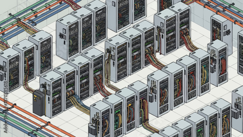 Data center server racks with colorful cables and wires.