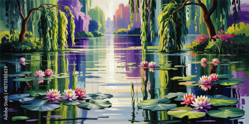 Tranquil lily pond with willow trees at sunset, colorful impressionist landscape illustration, serene nature water garden art