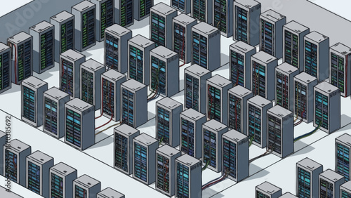 Isometric illustration of a large data center with multiple server racks.