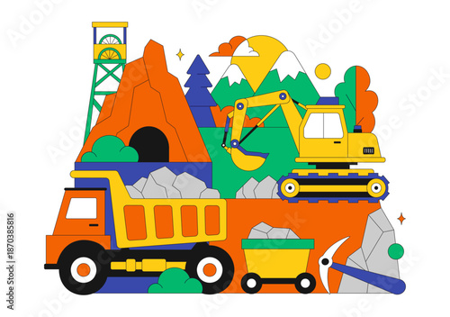 Mining Company Vector Illustration Featuring Heavy Yellow Dumper Trucks for Industrial Sand Mining Transportation Process on Flat Background