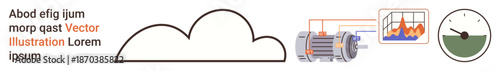 Energy management, industrial automation, performance tracking, cloud computing, sustainability, efficiency. Visual shows a cloud, motor performance graph and gauge. Energy management