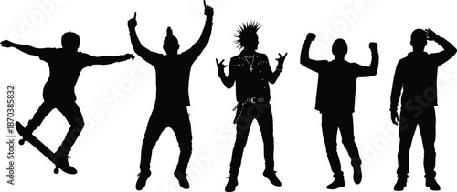 Energetic urban youth silhouette vector showing skateboarding, dancing and celebration poses for street culture, music festival and lifestyle designs.