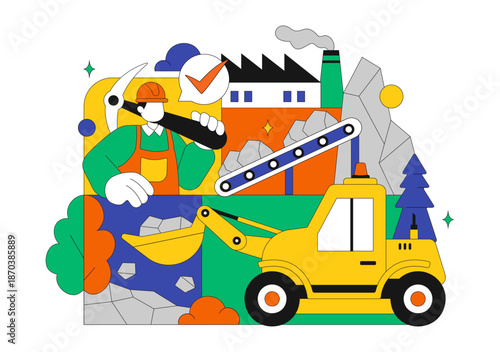 Mining Company Vector Illustration Featuring Heavy Yellow Dumper Trucks for Industrial Sand Mining Transportation Process on Flat Background