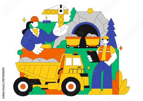 Mining Company Vector Illustration Featuring Heavy Yellow Dumper Trucks for Industrial Sand Mining Transportation Process on Flat Background