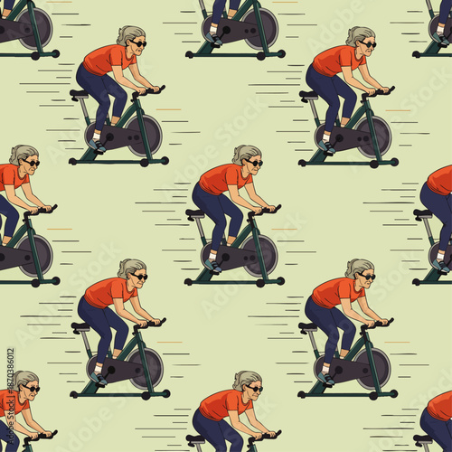 Seamless pattern of a woman exercising on a stationary bike, illustrating fitness and healthy lifestyle