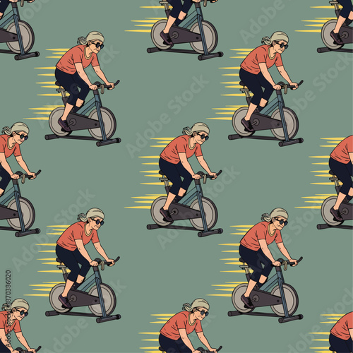 Seamless pattern of a fit senior woman exercising on a stationary bike, conveying health and active aging
