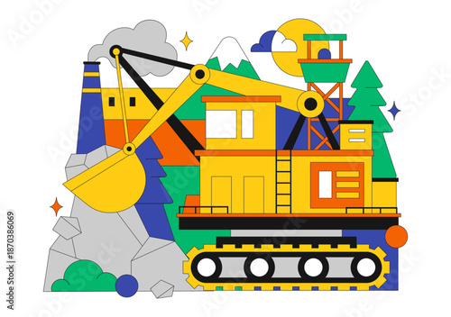 Mining Company Vector Illustration Featuring Heavy Yellow Dumper Trucks for Industrial Sand Mining Transportation Process on Flat Background