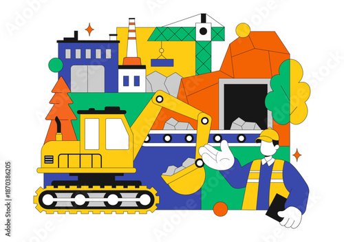 Mining Company Vector Illustration Featuring Heavy Yellow Dumper Trucks for Industrial Sand Mining Transportation Process on Flat Background