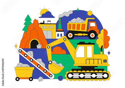 Mining Company Vector Illustration Featuring Heavy Yellow Dumper Trucks for Industrial Sand Mining Transportation Process on Flat Background