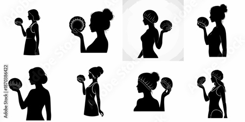Black silhouettes collection of women holding or wearing shower caps, illustrating personal care, bath time, and beauty routine concepts on white.
