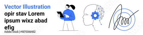 Artificial intelligence, digital transformation, secure authentication, technology visualization, automation, innovation. Woman with tablet, neural head profile and signature icon. AI and digital