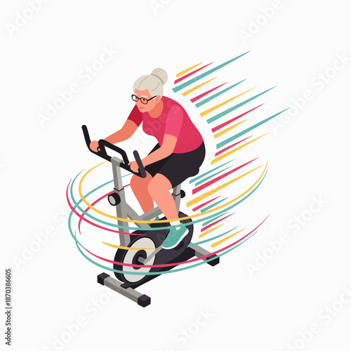 Active senior woman cycling on stationary bike with speed lines and motion blur, representing fitness and healthy lifestyle