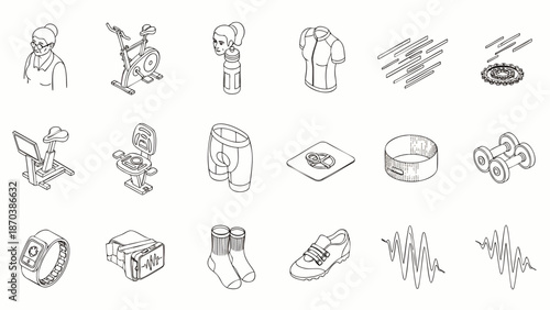Set of isometric line art icons representing fitness and sports equipment, healthy lifestyle, and exercise activities