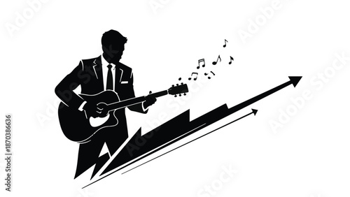 Musician in suit playing guitar with ascending arrow and musical notes symbolizing success