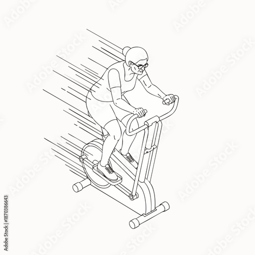 Woman exercising vigorously on an elliptical machine, showing speed and motion with dynamic lines in a simple line art style.