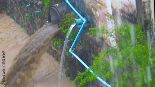 Tropical green river canal drainage during heavy rainfall in Thailand.