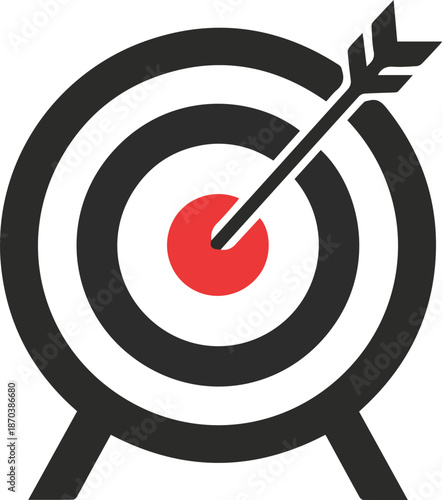 A classic target board with an arrow hitting the red center (bullseye). It represents success, goal setting, accuracy, and achieving business objectives.