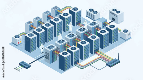 Isometric illustration of a data center with multiple server racks and networking infrastructure.