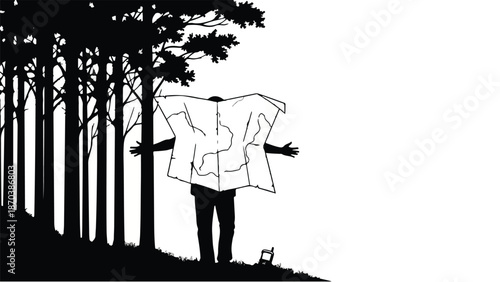 Lost traveler holding a map in a dark forest with open arms