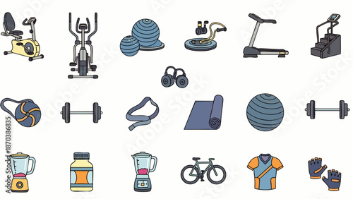Collection of fitness equipment icons: treadmills, dumbbells, yoga mats, blenders, and cycling gear for health and wellness
