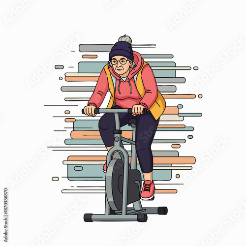 Elderly woman exercising on a stationary bike, staying active and healthy in her senior years, cartoon illustration