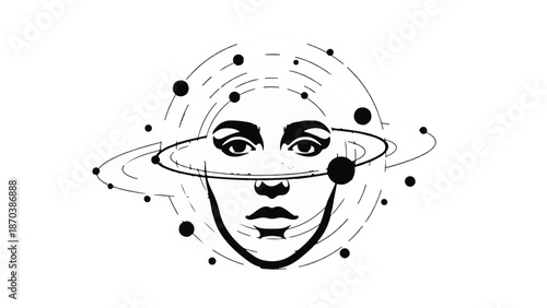 Mysterious face surrounded by cosmic rings and stars, symbolizing universal consciousness and mystery.