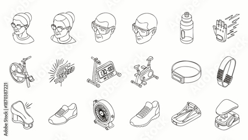 Set of isometric line icons representing fitness and cycling equipment, including people, bikes, and accessories.