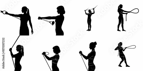 Collection of female silhouettes demonstrating resistance band and rope exercises for strength, fitness training, and home workout routines.