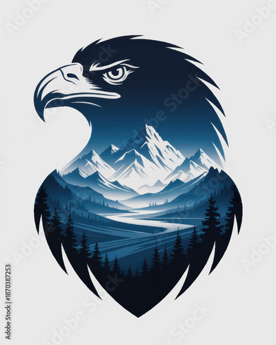 Majestic eagle silhouette with double exposure mountain landscape, pine forest and winding river in blue gradient vector illustration