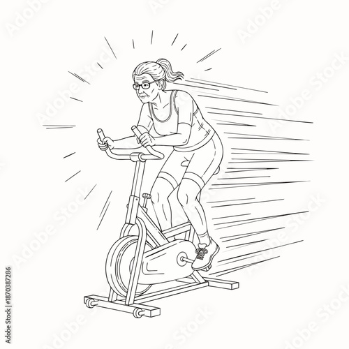 Energetic senior woman exercising intensely on a stationary bike, motion blur effect suggesting speed and effort.