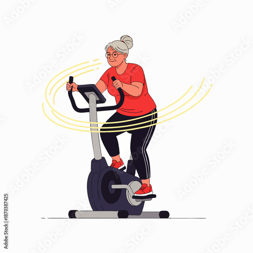 Active senior woman exercising on stationary bike, promoting healthy lifestyle and fitness for elderly people