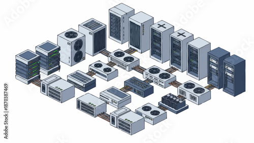 Collection of various computer servers and data storage devices.