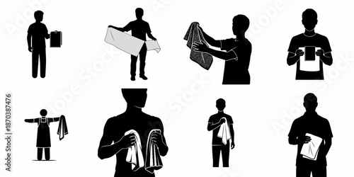 Collection of silhouettes showing men holding, displaying, folding, and using towels for hygiene, fitness, cleaning, and retail product presentation.