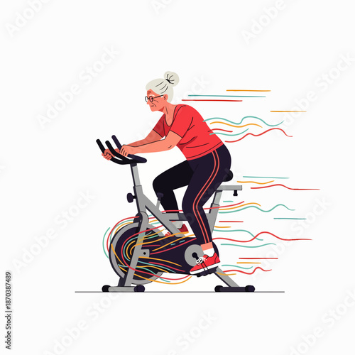 Active senior woman with grey hair exercising on a stationary bike, feeling energetic and fit with colorful motion lines.