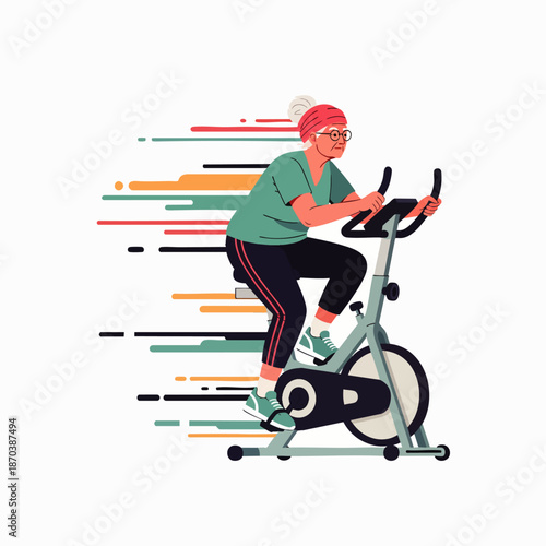 Active senior woman exercising on a stationary bike, symbolizing health, fitness, and a vibrant lifestyle in retirement.