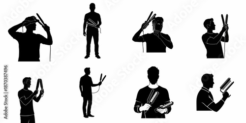 Silhouettes set of men using hair straighteners and crimpers for styling, black and white vector illustration for grooming themes.