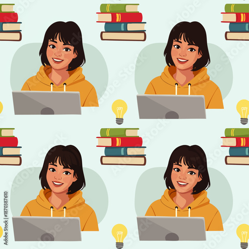 Seamless pattern of a young woman studying online with books and a laptop, symbolizing education and remote learning.