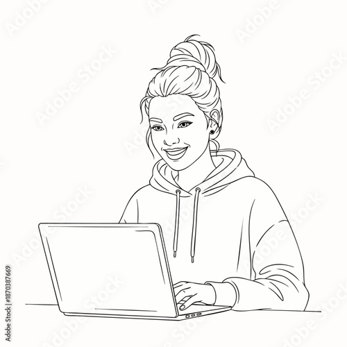 Smiling young woman with messy bun hairstyle working on a laptop, line art illustration, remote work concept