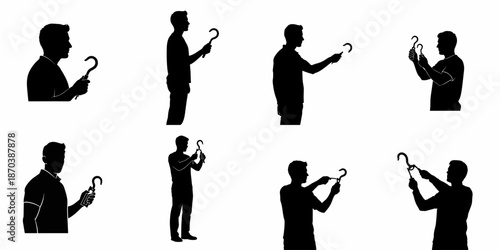 Eight black silhouettes of a man holding question mark hooks, symbolizing dilemma, problem solving, query, and uncertainty in various poses.