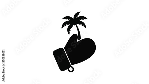 Warm winter mitten holding a small palm tree, symbolizing a tropical escape