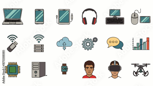 Collection of modern technology and digital icons representing computing, communication, and connectivity