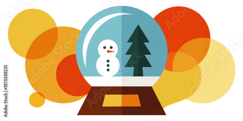 Modern flat snow globe illustration with snowman and Christmas tree, bright retro circles, festive winter holiday background