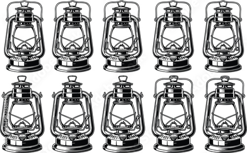 Vintage kerosene lantern silhouette vector collection showing classic camping lights, antique oil lamps and retro illumination objects for design projects.