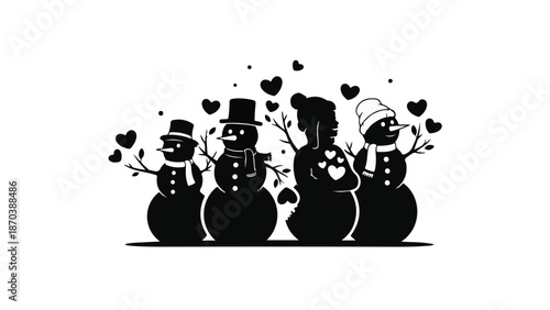 Joyful silhouette family of snowmen with hearts celebrating winter together