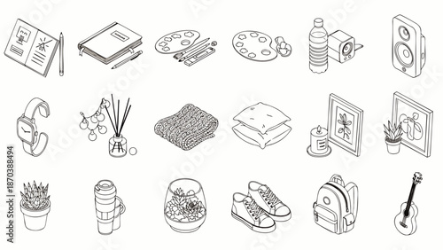 Isometric Line Art Icons Representing Various Hobbies, Lifestyle Objects, and Daily Necessities