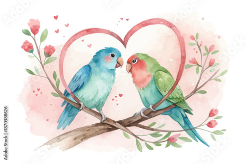 Cute Watercolor Lovebird Couple on Heart, Romantic Wedding & Valentine Clipart Isolated on White